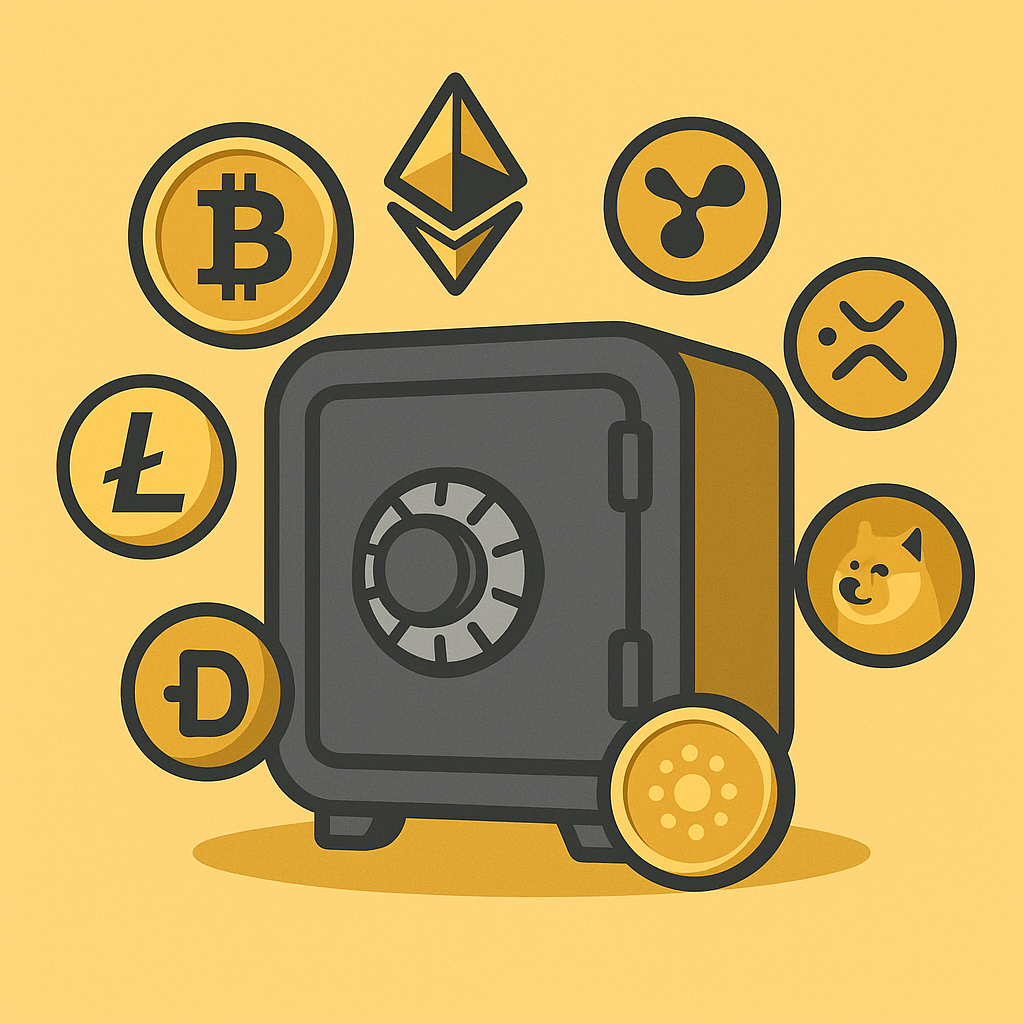 Veilige kluis omringd door diverse cryptocurrency-munten zoals Bitcoin, Ethereum en Ripple voor cryptopensioen.nl